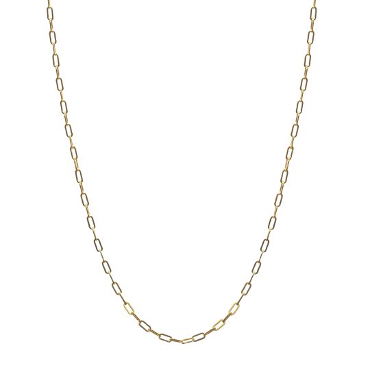 The Paper Clip 2 necklace is a gold-filled chain. It is used for layering with other necklaces.