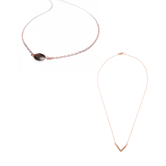 Rose gold Sugar Necklace with a black spinel gemstone and Mini V Necklace layered set