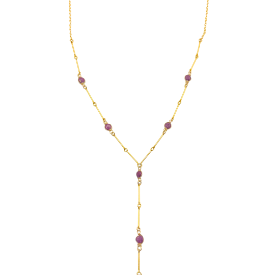 Gold Y shaped Necklace with Ruby Gemstones